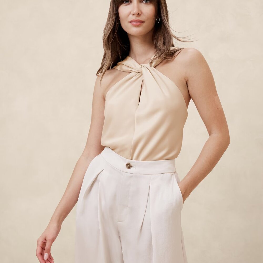 NWT Banana Republic Factory Oyster Silky Twist-Front Minimalist Halter Blouse